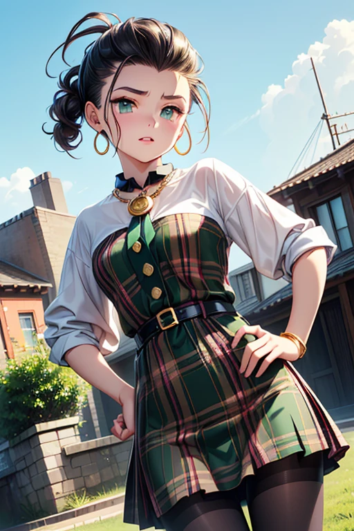 Girl posing for a photo, animeのcute女の子, ((One Girl)), ((Baby Face:1.3)) + ((cute:1.3)), 
BREAK 

((red and green plaid dress:1.5) : (Gold buttons on the front:1.2) + (Frills:1.1) + (Blue ribbon tie:1.1) + (White blouse:1.2)), (Low denier sheer black pantyhose:1.4), (Dark brown loafers), 
((Red earrings)), ((Gold Necklace)), ((fancy gold bracelet)), 
BREAK 

((Black Hair:1.2)), ((slicked back hair:1.5)), ((Long Hair) : Curly Hair + Fuller Hair + (Bedhead:1.2)), 
(Eyes with drooping corners of the eyes:1.4), (Big eyes:1.4), (blue eyes), 
((Small breasts:1.0)), 
(Tanned dark skin), (boyish), 
BREAK 

((noon, Park promenade, blue sky)), 
((Surprised expression + With eyes wide open)), 
((Hands on hips、Stand with your feet shoulder-width apart、Confident pose looking forward)), 
((Angle from the front)), ((Character Focus)), ((Cowboy Shot)), 
BREAK 

(Slim figure), (Symmetrical facial features), 
(Detailed Hair), (Beautiful Hair), (Shiny Hair), 
(double eyelid), (Long eyelashes), (Thin eyebrows:0.5), 
(Shiny eyes), (Detailed eyes), (Beautiful Eyes), (Delicate eyes), (Perfect Eyes), (Sparkling eyes), (Eye Reflexes), (Glitter Eyeliner), 
(Human Ear), 
(Beautiful Nose), (Thin Nose), 
(Glossy Lips), (Beautiful Lips), (Thick lips), 
(Shiny skin), (Detailed skin), (Fine skin), (Beautiful Skin), (Oily skin), 
BREAK 

(((Highest quality)), ((masterpiece:1.3)), ((Very detailed))), ((Ultra-high resolution)), ((16K)), ((1080P)), ((Full HD)), 
(Anatomically correct), ((Realistic)), (3DCG), ((Oil painting)), 
((comics, anime)), (CG illustration), (RAW Photos), 
