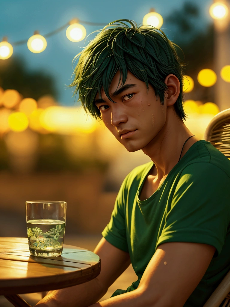 Photorealism, clean shaven man, random hair, green t-shirt, shorts, tired, sweaty look on his face, sitting leaning on rattan chair, glass of water on table, quiet night background, bright street light shining on him.
cartoon digital painting, hayao miyazaki animation style, cartoon digital painting, japanese farmer, marvelous miyazaki, senior artist 3d render, senior artist 3d render, wise young man, a young man, cartoon digital art, caricature illustration, inspired by Rudy Siswanto