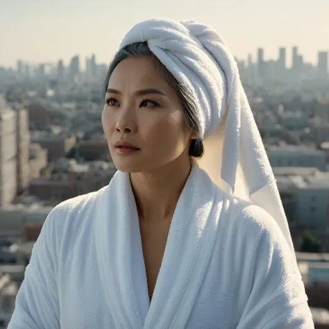 cinematic film still of bright light, bright, a asian woman with a white towel on her head high-key lighting style, 1girl, solo,...