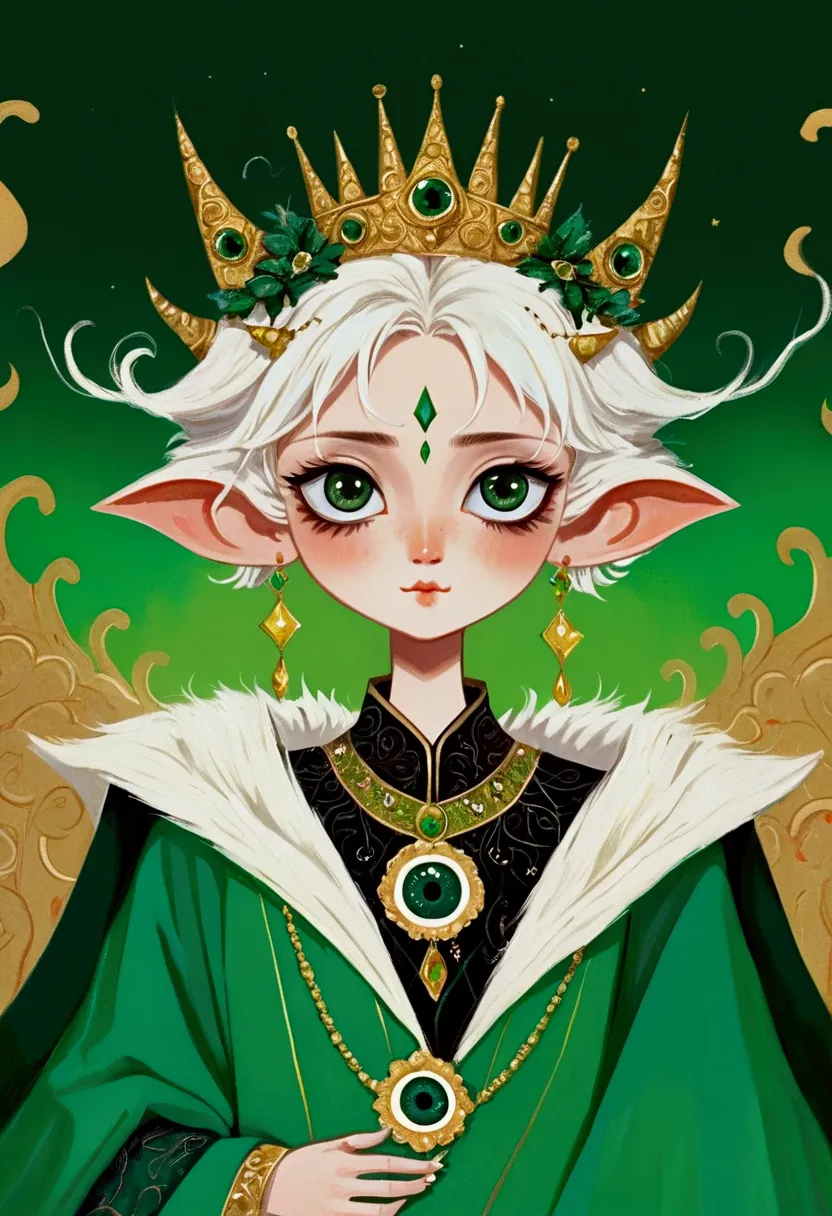 regal fantasy character dressed in an elegant green robe adorned with intricate gold accents and eye motifs, wearing a matching ...