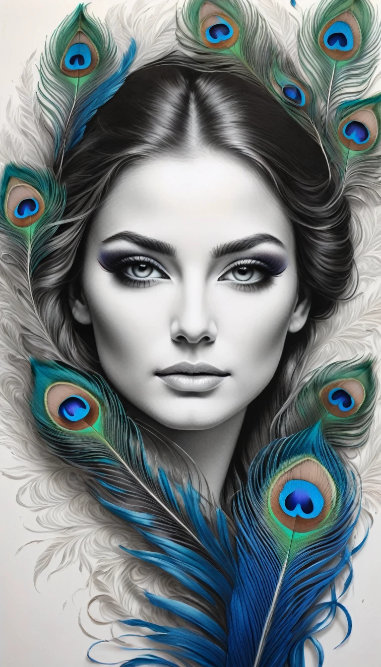 On a sheet of crisp, white paper, a beautiful woman is being meticulously drawn. Her face, framed by delicate peacock feathers, radiates grace and elegance. The artist captures her serene expression with fine, precise lines, highlighting her soft features and soulful eyes. The feathers around her face, depicted with intricate detail, vary in size and texture, creating a gentle, ethereal halo. Each stroke of the pencil brings to life the delicate interplay of light and shadow, giving depth and dimension to the portrait. As the drawing takes shape, the woman's beauty and the intricate peacock feathers blend seamlessly, creating a captivating and harmonious image.