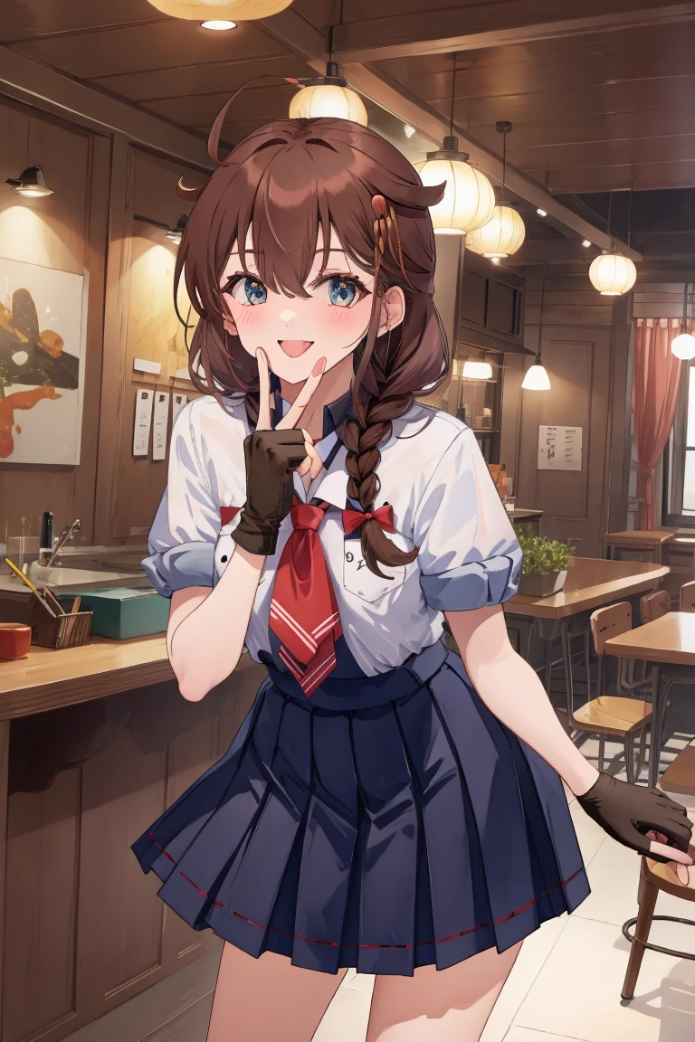 Portrait, official art, best masterpiece, best quality, best resolution, 8K, best detailed, perfect anatomy, nice hands, perfect hands
BREAK
looking at viewe, cowboy shot
BREAK
shigure, ahoge, brown hair, blue eyes, braid, hair ornament, hair over shoulder, long hair, single braid, hair flaps, black gloves, black serafuku, black shirt, black skirt, fingerless gloves, gloves, neckerchief, pleated skirt, red neckerchief, sailor collar, school uniform, serafuku, shirt, skirt, white sailor collar, 1girl, solo, medium breasts
BREAK
(leaning forward:1.2), (hand to own mouth)
BREAK
(happy), smile, open your mouth, (blush, tongue out:1.2), half closed eyes
BREAK
luxurious mansion, living room, (night, midnight, darkness:1.3), very fine and detailed 16KCG wallpapers