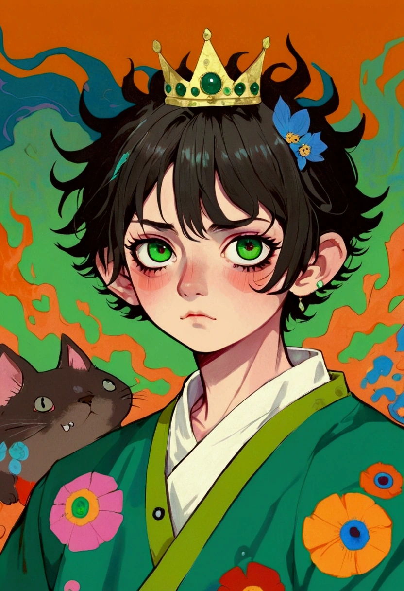 anime - style portrait of a young boy with a crown on his head, artwork in the style of guweiz, anime fantasy illustration, demon slayer rui fanart, detailed digital anime art, digital anime illustration, korean art nouveau anime, loish and wlop, emerald eyes, demon slayer artstyle, guweiz on pixiv artstation, emerald yellow eyes