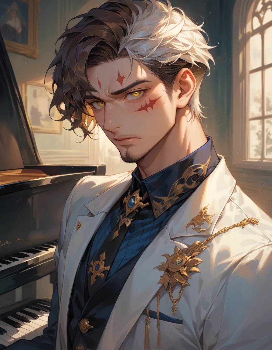 A handsome, tall, muscular man, mature male, viewed from directly his front slightly to the left, wears an old and cracked mask that covers half of his face like the Phantom of the Opera, wears an old formal outfit of 19th century, playing the piano in a dark room lit by the blue moonlight coming through the windows, sad expression, has some body hair and has a small beard with some white hairs, yellow golden shiny eyes, marks of aging up on face, blue weak aura, brown hair with white hairs.