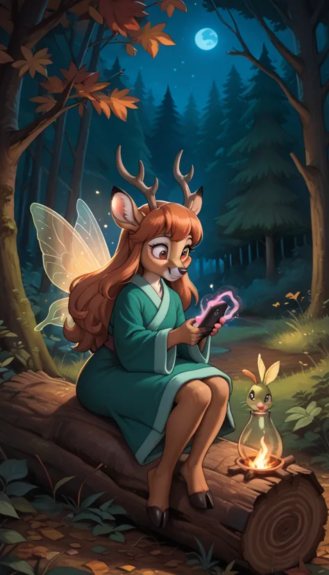 *antelope ,deer, furry, girl, playing harpoon, sitting on the log, remote forest, at night, dawn, low light, polite, long hair, ...