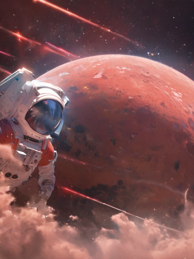 quality\(wallpaper of extremely detailed CG unit, ​masterpiece,hight resolution,top-quality,top-quality real texture skin,hyper realisitic,increase the resolution,RAW photos,best qualtiy,highly detailed,the wallpaper,cinematic lighting,ray trace,golden ratio\), BREAK ,solo,1astronaut wearing space suit floating aimlessly in the galaxy\(dark,beautiful,beautiful stars\) and behind him a beautiful dazzling sun surely rising from behind the large beautiful (red mars:1.6),(long shot:1.5)