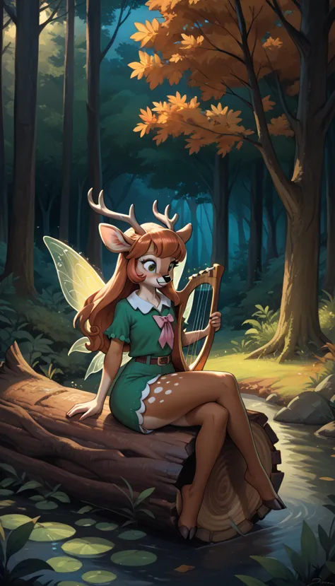 *antelope, deer, furry, girl, playing harp, sitting on the log, forest, at night, dawn, low light, polite, long hair, wide hips,...