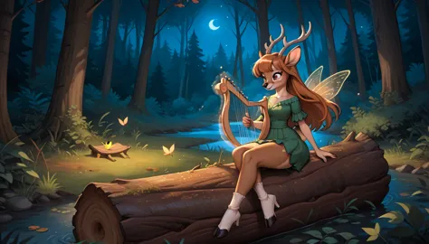 *antelope, deer, furry, girl, playing harp, sitting on the log, forest, at night, dawn, low light, polite, long hair, wide hips,...