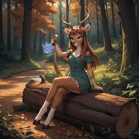 *antelope, deer, furry, girl, playing harp, sitting on the log, forest, at night, dawn, low light, polite, long hair, wide hips,...