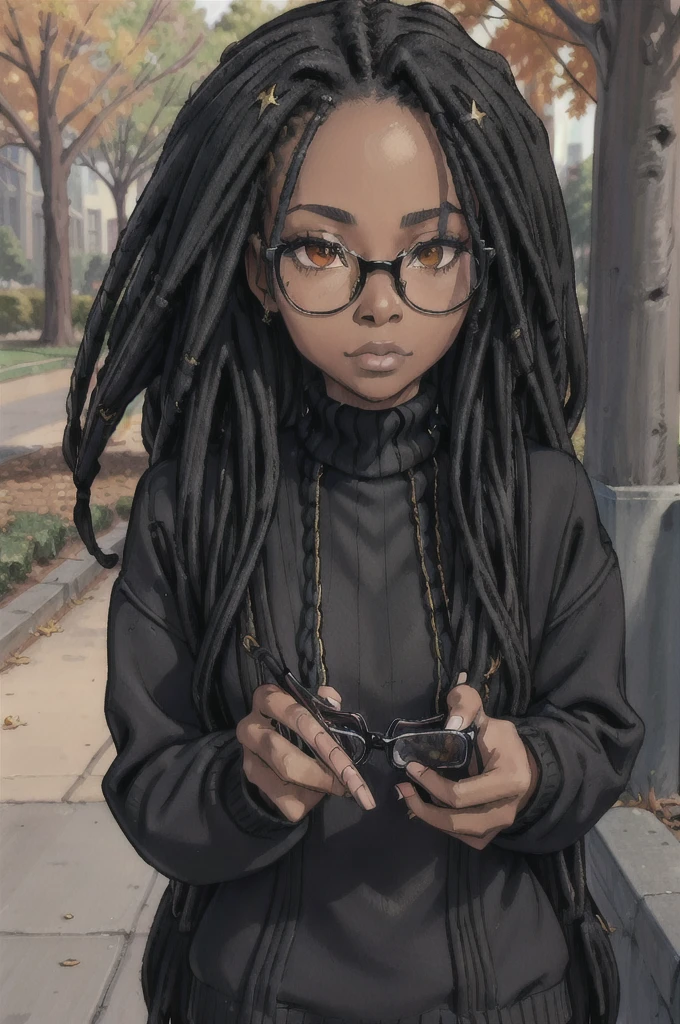 dreads_hairstyle, beautiful african american woman wearing black sweater, glasses, city park in autumn || masterpiece, perfect quality, sharp focus, shallow depth of field, 8k