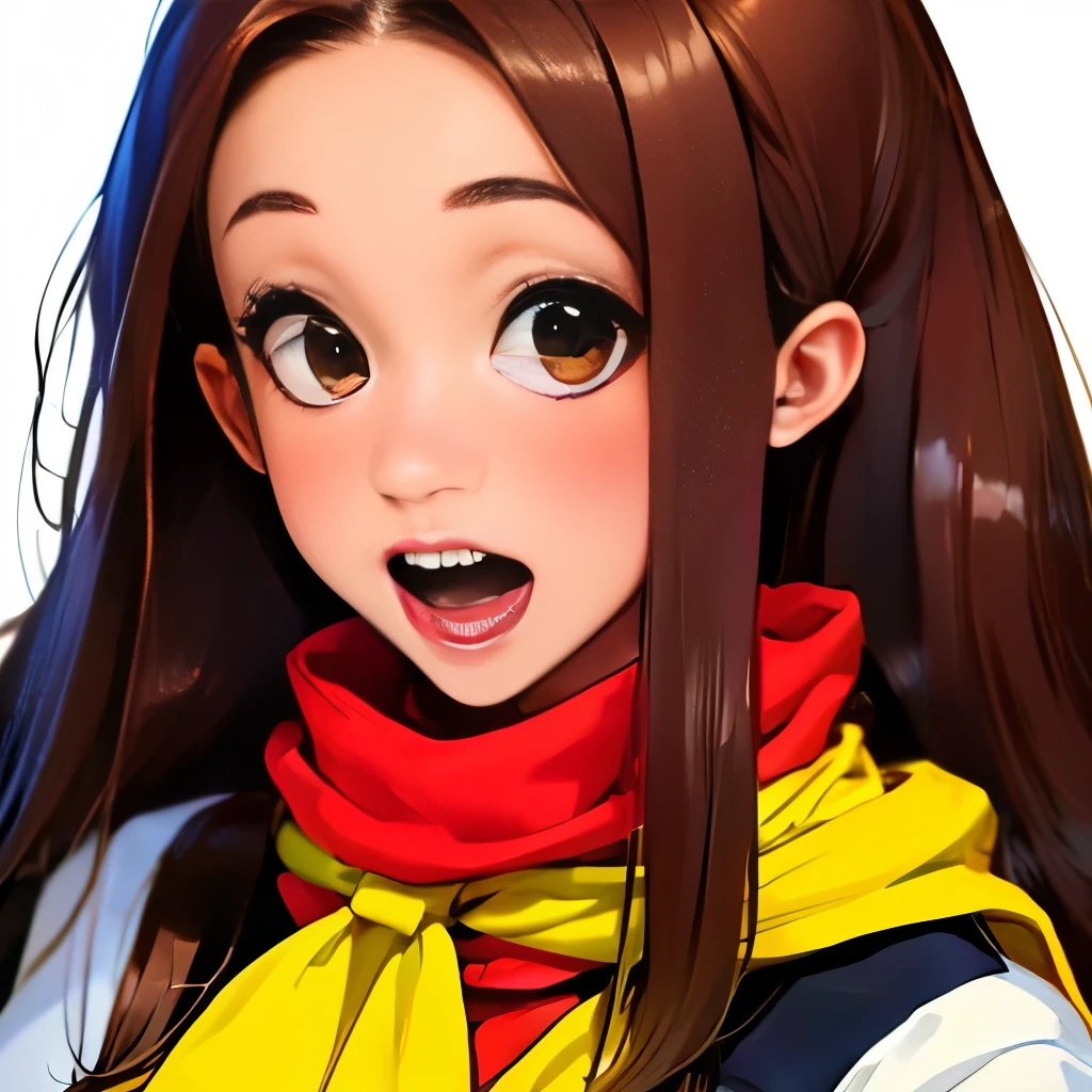 km, 1girl, ascot, blush, bow, brown eyes, brown hair, hair bow, hair tubes, japanese clothes, long hair, mittens, nontraditional miko, one-hour drawing challenge, open mouth, portrait, red bow, red mittens, scarf, sidelocks, simple background, solo, white background, yellow ascot, yellow scarf