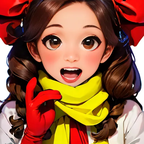 km, 1girl, ascot, blush, bow, brown eyes, brown hair, hair bow, hair tubes, japanese clothes, long hair, mittens, nontraditional...