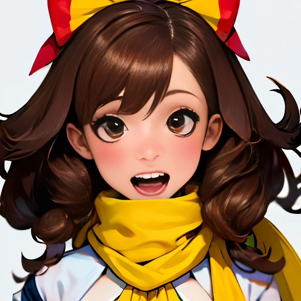 km, 1girl, ascot, blush, bow, brown eyes, brown hair, hair bow, hair tubes, japanese clothes, long hair, mittens, nontraditional miko, one-hour drawing challenge, open mouth, portrait, red bow, red mittens, scarf, sidelocks, simple background, solo, white background, yellow ascot, yellow scarf