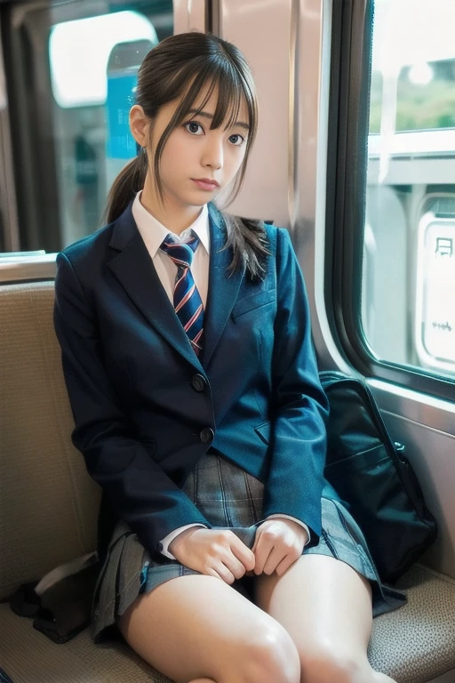 Japanese 1 female,Cosplay Japanese Schoolgirl Uniform,sitting in a train seat,(Focus on her crotch:1.1),Between her clothes,Under her skirt,Ultra low angle,Knees together,She is looking down,She doesn&#39;t notice me,Twin tails, Hime cut, Low ponytail, 