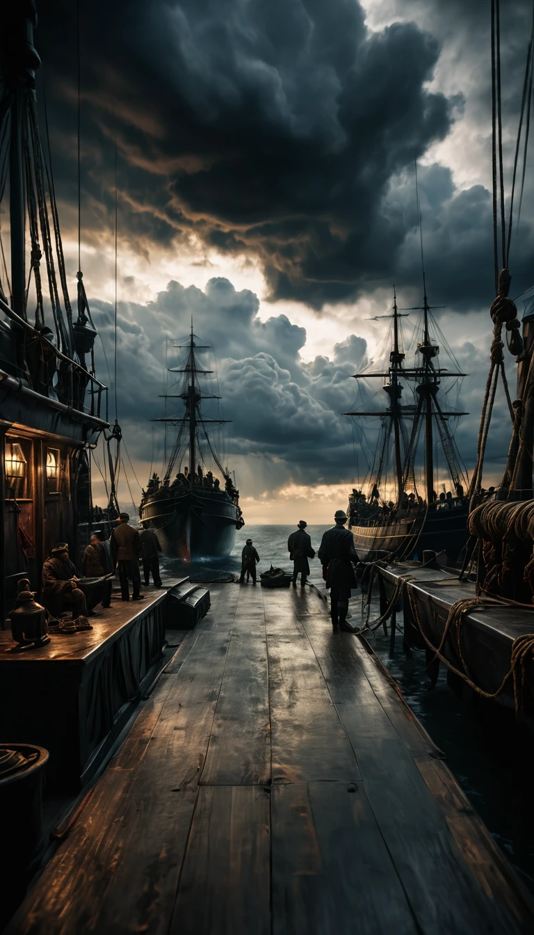 Depict a port scene with ships arriving from the Black Sea, with ominous clouds overhead and sick crewmen lying on deck, Cinematic background, hyperrealisti, ultra detailed hyperrealisti, photorrealistic, studio lighting, Reflections, dynamic pose, cinematic, historical accuracy, color grading, fot, Shot with a 50mm lens, Ultra-wide angle, Depth of field, 超detailded, beautifully color-graded, 8k