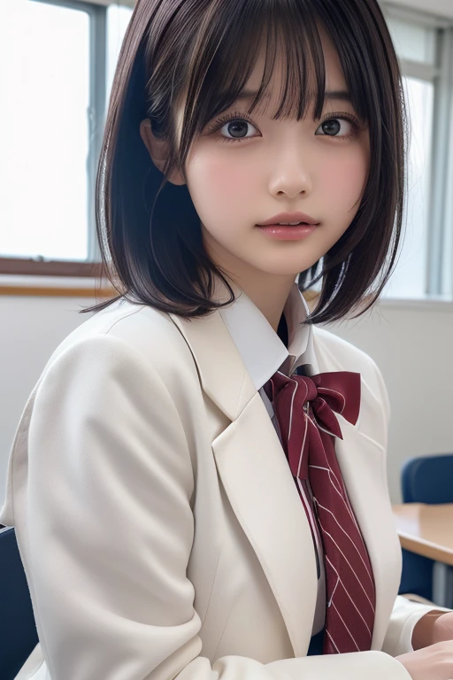 ((masterpiece, Highest quality, High resolution)), Japanese schoolgirl、(Realistic: 1.4), Kissing Face、close your eyes、With lips pursed、Great face,Glossy Lips、, short hair、(Beautiful Hair:1.5), Japanese High School Uniform、(White blazer、White jacket)、(White dress shirt)、(Red tie)、(Very short pleated skirt、The ultimate short pleated skirt)、School classroom(classroom:1.5)、Front angle、Smooth, Highly detailed CG composite 8K wallpaper, High resolution RAW color photos, Professional photography, Light, BackLight, dream-like, impressive, Written boundary depth, (Face close-up:1.5)