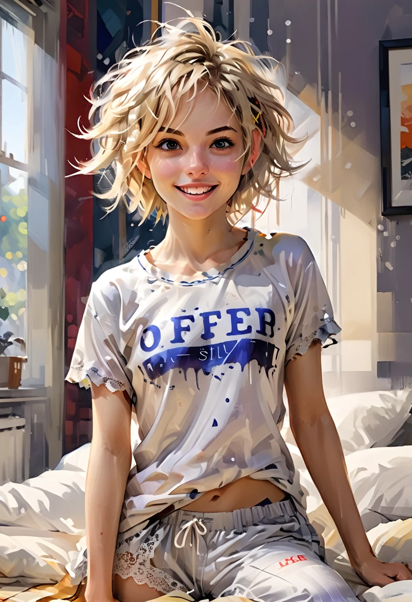 In bed, enjoying a cup of coffee,((after a passionate orgasm:1.4)).(rule of thirds:1.4), ((ultra realistic illustration:1.2)),Athletic blonde woman, (short hair), tomboy, cute, ((joy, silly smile:1.3)), sexy, messy hair,(aroused:1.3),very light makeup, lace top, pajama pants.Masterpiece, best quality,(highly detailed:1.2),(detailed face and eyes:1.2), 8k wallpaper, depth of field, natural lighting. core shadows, high contrast, bokeh.