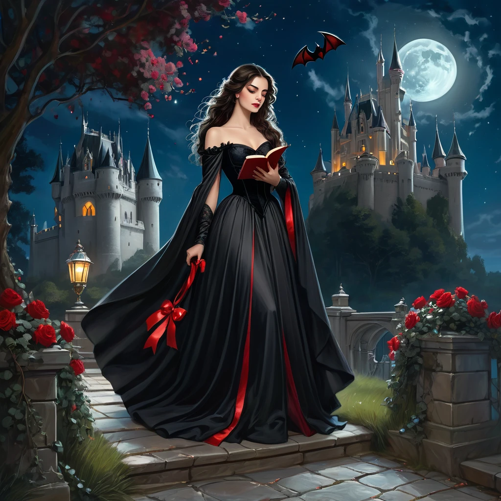 Beautiful brunette girl with long dark hair in a long fluffy black dress stands in front of a castle, with a red ribbon on her waist, holding a small book in her hand, night, moon, bats in the sky, girl stands on a stone platform, red roses bloom nearby, elegant gothic princess, beautiful fantasy girl, illustration from a romantic storybook, fantasy, full-length portrait, full-frame painting, photorealism, high detail, intricate details, author Caravaggio, professional photo, sharp focus, Artgerm, Tomasz Alain Koper, Peter Mohrbacher, Donato Giancola, Joseph Christian Leyendecker, WLOP, Boris Vallejo, Giger, 3d render, intricate details, the whole object in the frame, trend on artstation, masterpiece