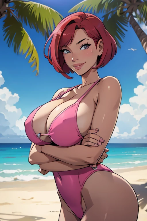 redhead, bob haircut, Big Breasts, pink one-piece swimsuit, smile, beach
