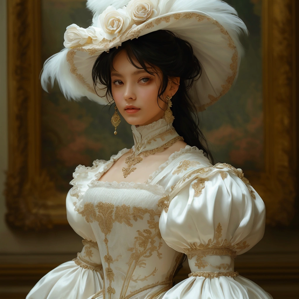 London in the late 18th century、Neoclassical Background、((((A perfectly beautiful 1 woman))))、Beautiful attention to detail、(Realistic Skin)、Beautiful Skin、charm、超High resolution、Ultra-realistic、High resolution、Golden Ratio、One person、The dress features a high waistline and a flowing silhouette.(((Empire Style)))、lightly、A simple dress design、Influenced by Greek and Roman classical styles、A corseted waist、Panniers and petticoats were also used.、Keep the dress in shape、A gorgeously decorated hat suitable for social occasions.、Gloves and shawls、fan（fan）And other small items、An important part of the outfit、The colours are white and pastel、The material is silk、wool、High quality fabric