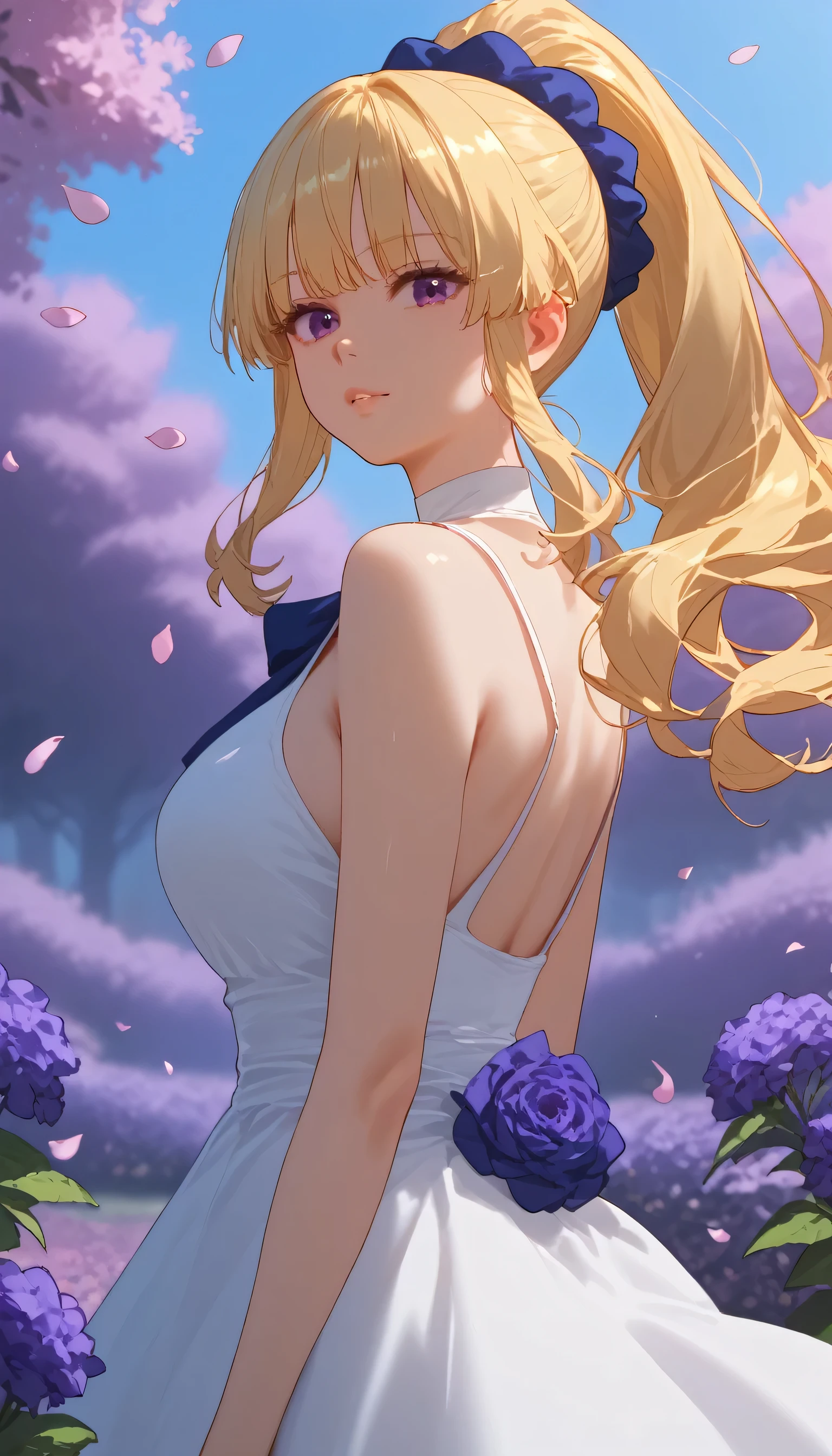 score_9, score_8_up, score_7_up, score_6_up, score_5_up, score_4_up, 1girl, KeiKaruizawa, Kei Karuizawa, bangs, ponytail hair, violet eyes, blonde hair, blue scrunchie, young woman on a hill covered in luminescent purple flowers, wind blowing through her hair, petals floating around, magical twilight setting, intricate details, glowing elements, vibrant and serene, high resolution, long shot, white dress