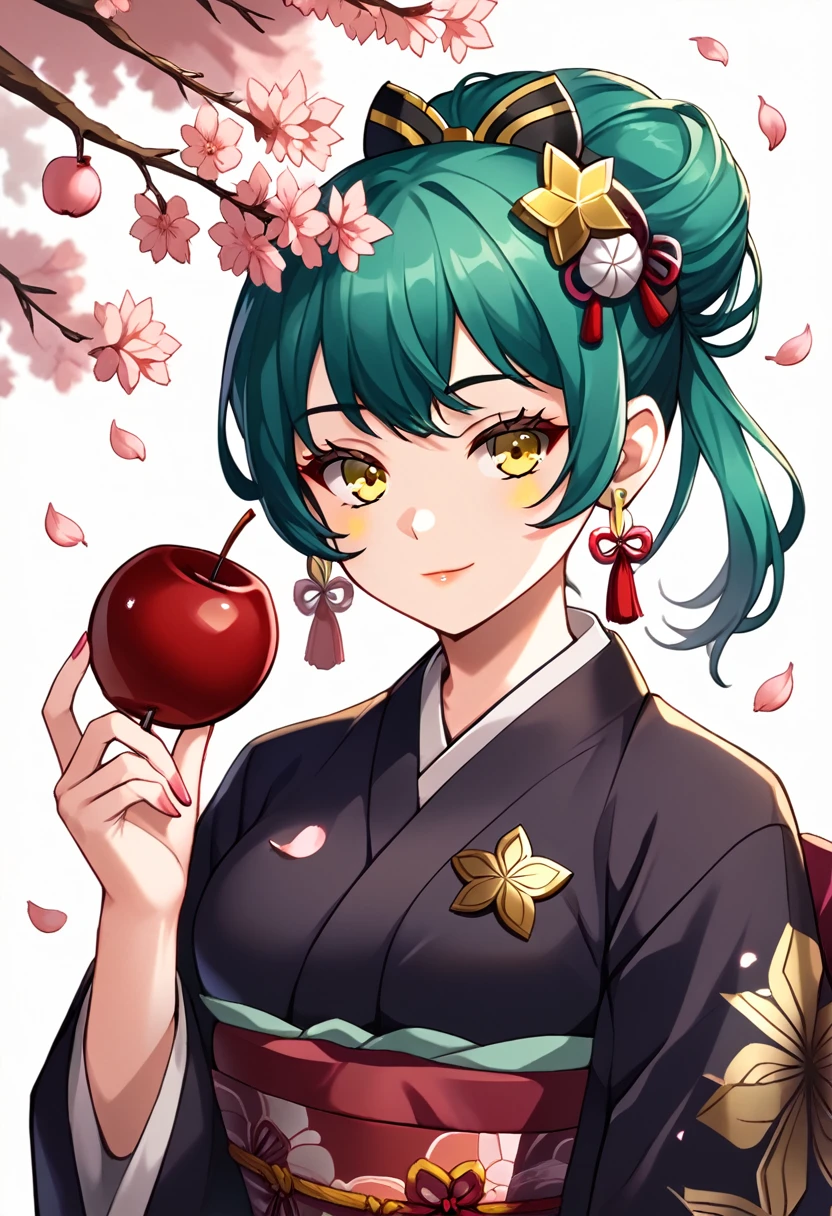 White background. Girl with long dark turquoise hair, yellow eyes, yellow star pin in her head. Wearing a japanese dress in a cherry blossom park 