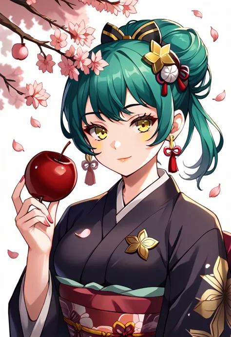 white background. girl with long dark turquoise hair, yellow eyes, yellow star pin in her head. wearing a japanese dress in a ch...