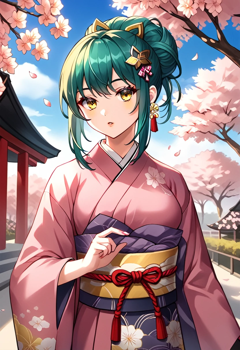 White background. Girl with long dark turquoise hair, yellow eyes, yellow star pin in her head. Wearing a japanese dress in a cherry blossom park 