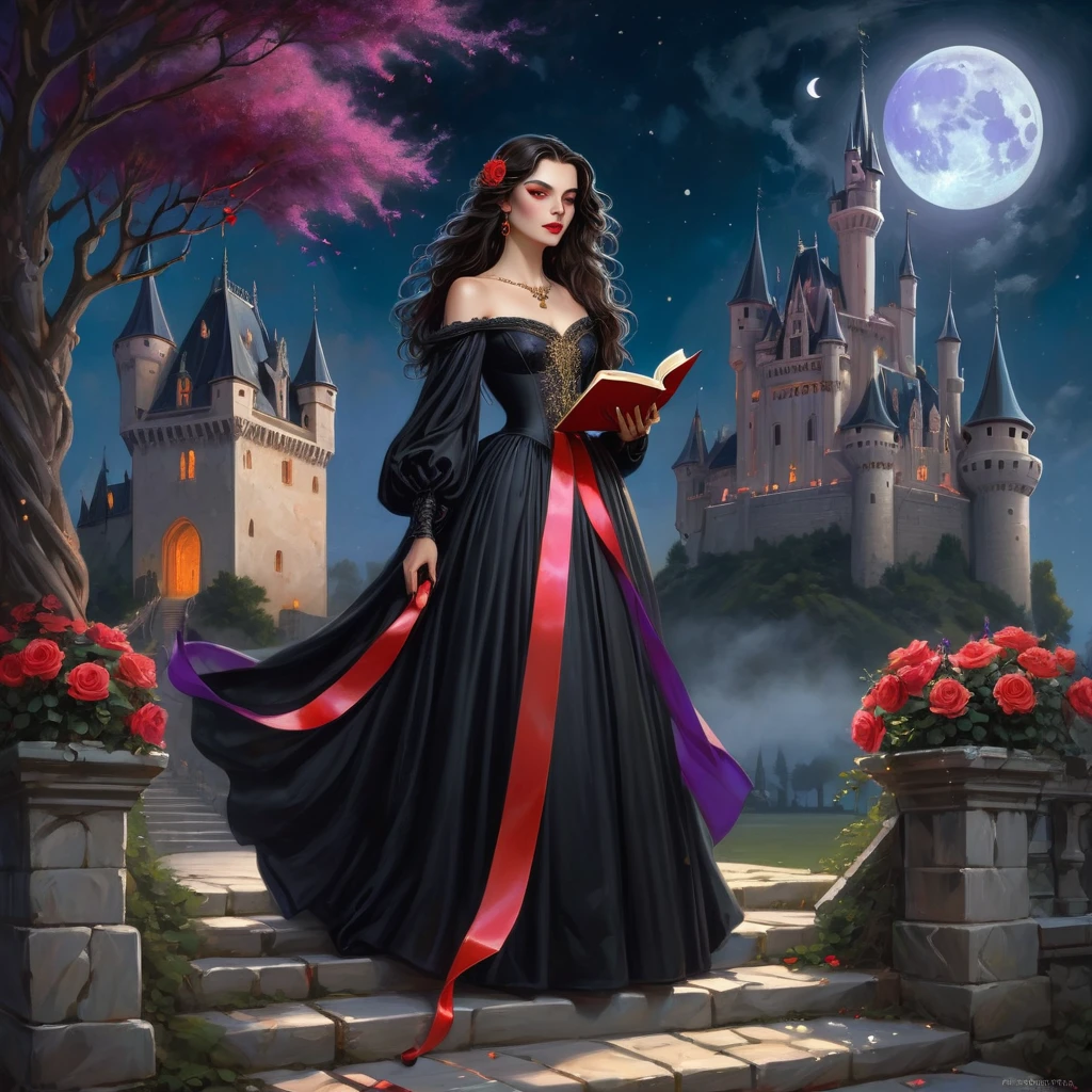 Beautiful brunette girl with long dark hair in a long fluffy black dress stands in front of a castle, with a red ribbon on her waist, holding a small book in her hand, night, moon, bats in the sky, girl stands on a stone platform, red roses bloom nearby, elegant gothic princess, beautiful fantasy girl, illustration from a romantic storybook, fantasy, full-length portrait, full-frame painting, Photorealism, high detail, intricate details, author Caravaggio, professional photo, sharp focus, artgerm, Thomas Alain Koper, Peter mohrbacher, Donato Giancola's, joseph christian leyendecker, WLOP, Boris Vallejo's, giger, 3d render, intricate details, the whole object in the frame, trend on artstation, masterpiece, The face includes intricate gold ring patterns., small dots and swirls, scattered across the cheeks and forehead, enhancing his alien essence. Bright neon pink and purple tendrils with glowing orange and red tips flow from the head, intertwined with tiny multi-colored beads. The figure&#39;s head is topped with an elaborate headdress with pink and purple neon lights., resembling an intricate feathered plume. The neck and upper body show more complex patterns., including glowing orange and yellow dots and small circular patterns, emphasizing the futuristic aesthetics. background blurred, consists of dark turquoise and black shades with hints of neon lights of different colors, creating a shallow depth of field, which draws attention to the figure&#39;s face. The lighting is soft and diffused, highlights luminous elements and complex details, without casting harsh shadows. The overall composition creates a surreal, mystical and sci-fi mood with high contrast and saturation, contributing to a vibrant and dynamic stage atmosphere.