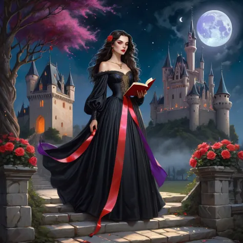 beautiful brunette girl with long dark hair in a long fluffy black dress stands in front of a castle, with a red ribbon on her w...