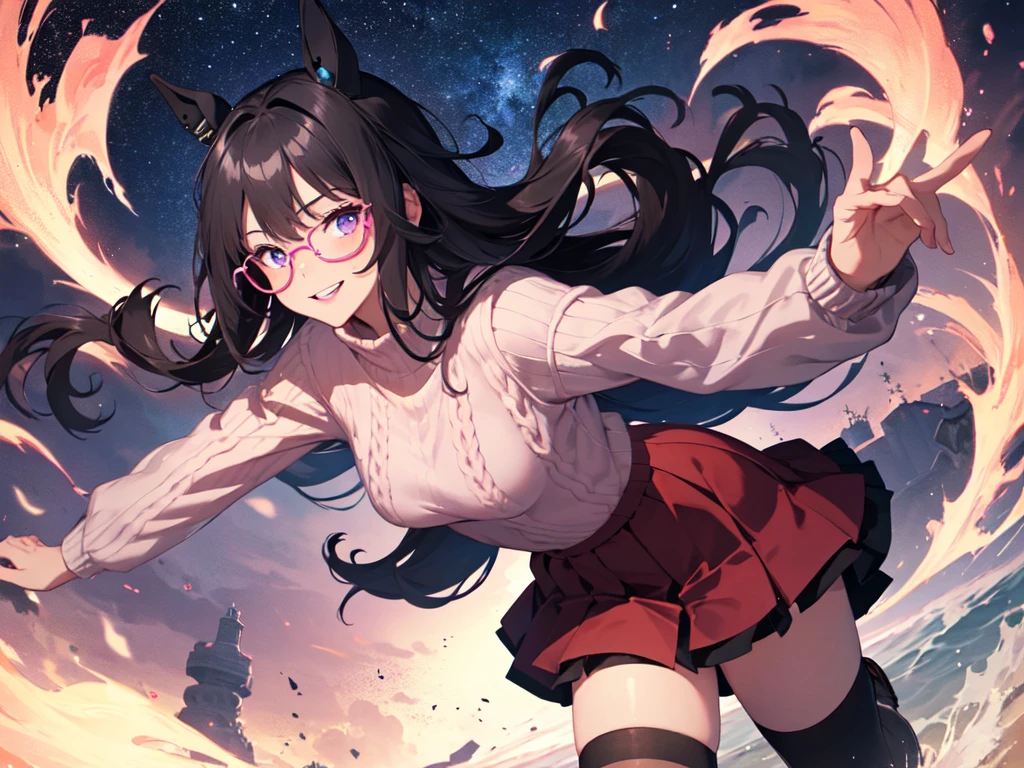 Solo, alone, (woman with horse ears), (horse ears), (girl with horse ears), leaning forward, nice breasts, (wearing pink glasses), pink lipstick, cheeks, pink sweater, pink knee-high socks, pink skirt, starry sky, levitation, breeze, center of chest, open lips, smiling, cut-in, UHD, retina, masterpiece, accurate, anatomically correct, textured skin, ultra detailed, high detailed, award winning, best quality, high resolution, 8k