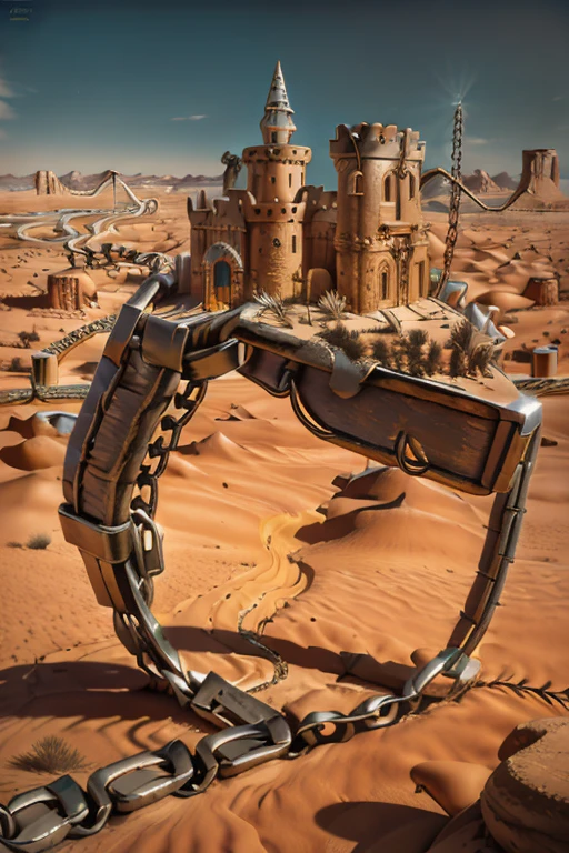  ( Surrealism ) a Surreal scene involving  (chains:1.5), Chain world. A world made of chains. Chains are everywhere, involving desert sands, non euclidean desert geometry, an abstract scene , Castle covered in chains, bound in chains. chained sword,  Surreal desert, Chains l chained planet, created in a medieval city desert, in the Gothic style, giant chains, 