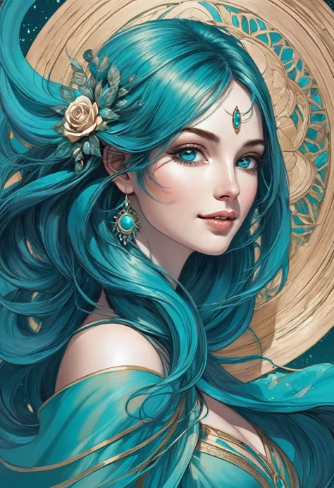 une illustration d'une femme aux yeux turquoise perçants et étincelants, entourée de vrilles tourbillonnantes d'énergie argentée...