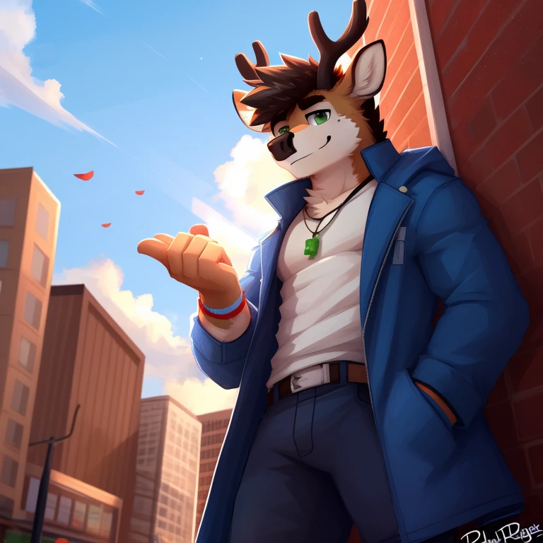 (masterpiece, Best Quality:1.2), alone, proud gesture, deer, detailed face, detailed body, toned body, muscled body, 5 fingers, Detailed hands, green eyes, detailed eyes, short hair same coat color, 2 arms, homosexual, urban clothing, view from below, carp, por pache riggs