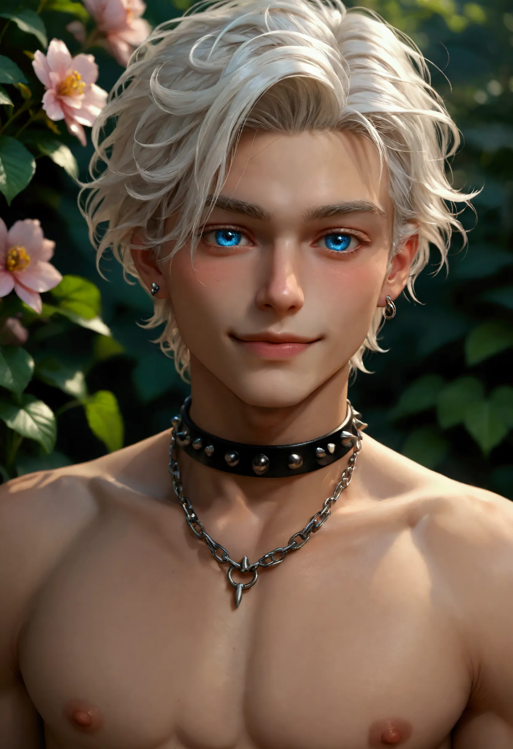 beautiful and skelt young man blue eye blond white hair half body shot flowers in the background, twink, piercing, neck chain, s...