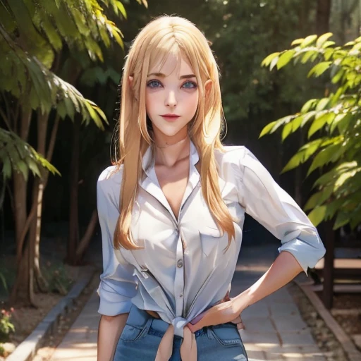 Beautiful blonde girl with light eyes and very defined slender body with large and heavy breasts white shirt tied and unbuttoned with short blue jean and looking at the viewer stunning detailed perfect 12k landscape 