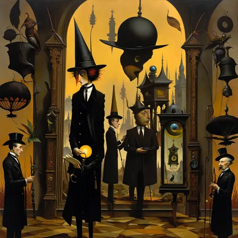 oil painting in a combination of techniques and styles by chris van allsburg, david wiesner, charles adams, mark davis, jacek je...