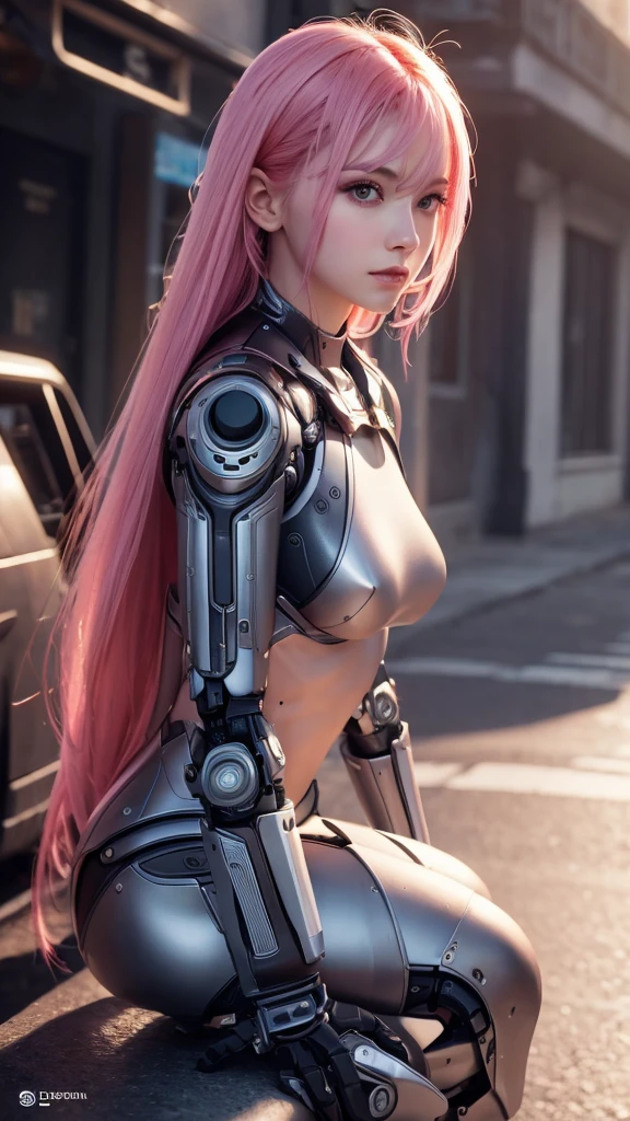 Super beautiful face, Mechanical body: 1.5, Online world background: 1.5, 1, 150mm, Long Hair,Pink Hair, Beautiful studio soft light, Vivid details, Beautiful background, Octane Rendering, 8k, Highest quality, masterpiece, An illustration, So determined and beautiful, Very detailed, CG, Unity , wallpaper, (Realistic, photo-Realistic: 1.37), wonderful, In detail, Learning, Highest quality, Official Art, Very detailed CG Unity 8k wallpaper, robot,Exposed, whole body, whole body shooting, Sitting