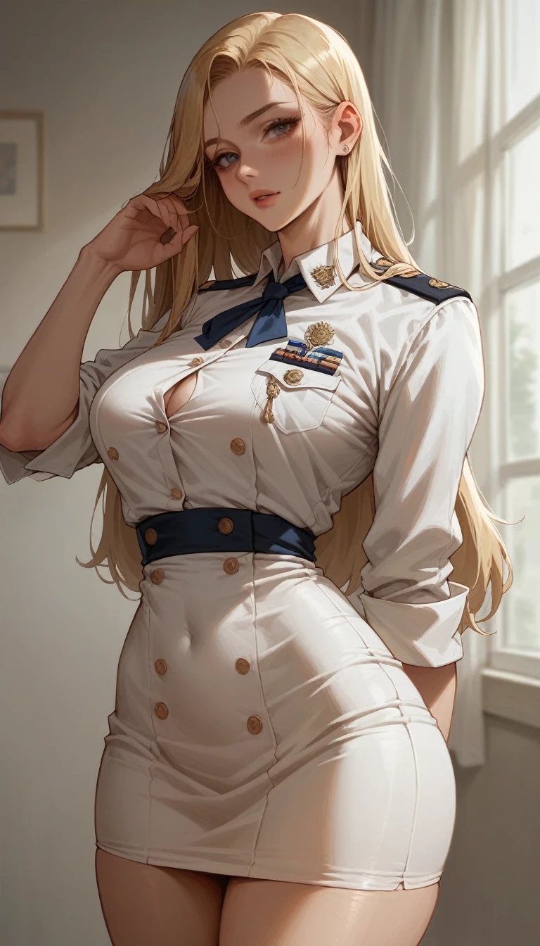 A sexy blonde girl with a voluptuous body wearing a new short naval dress uniform, It&#39;s too sexy and sensual, It has white lingerie with gold, It is for the exclusive use of your wife, a dress with a half-nipple neckline, low-cut back and only covers half of the ass and fishnet stockings that say armi and sexy high-heeled sandals 35 cm high with bows and shiny gold reflective sexy sensual uniform in the neckline has naval flag pants, sexy girl full body white sexy high heel sandals with high white stockings slutty tight dress with neckline that shows the nipple with some snow white stiletto heels and sexy with golden Versace fishnet stockings with shiny reflective golden details like mirrors too daring and sensual 2 almirante Mexicana demasiado sexy, lesbians have lesbian sex in the cabin where they fuck each other with a harness and dildo xxx with leather boots up to the knees and with sexy high heels and her uniform is a gray bra with navy logos and the Mexican flag, and badges and underneath a light thong and a microskirt and boards the ship, His tender but confident and imposing voice shouts, presenting himself on deck with his soldiers for the repair of the warship and takes control, pink nipple almost out, vagina dripping vaginal fluids and a pure gold harness put on to intimidate NSFW XXX sexy high heel sandals boots style, Gold details shiny reflective white dress uniform, Versace Mexico reflective shiny gold dildo harness, Mexico flag lesbians xxx sex boobs breaking the low cut dress