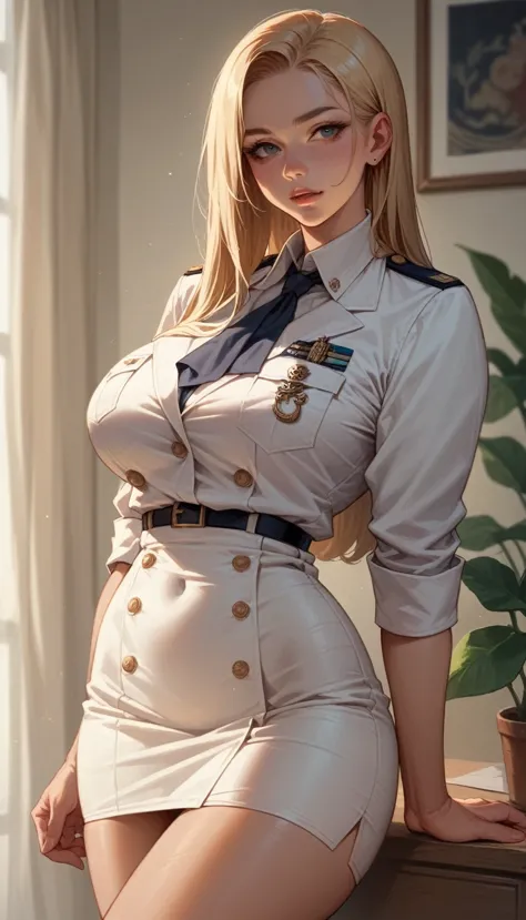 a sexy blonde girl with a voluptuous body wearing a new short naval dress uniform, it&#39;s too sexy and sensual, it has white l...