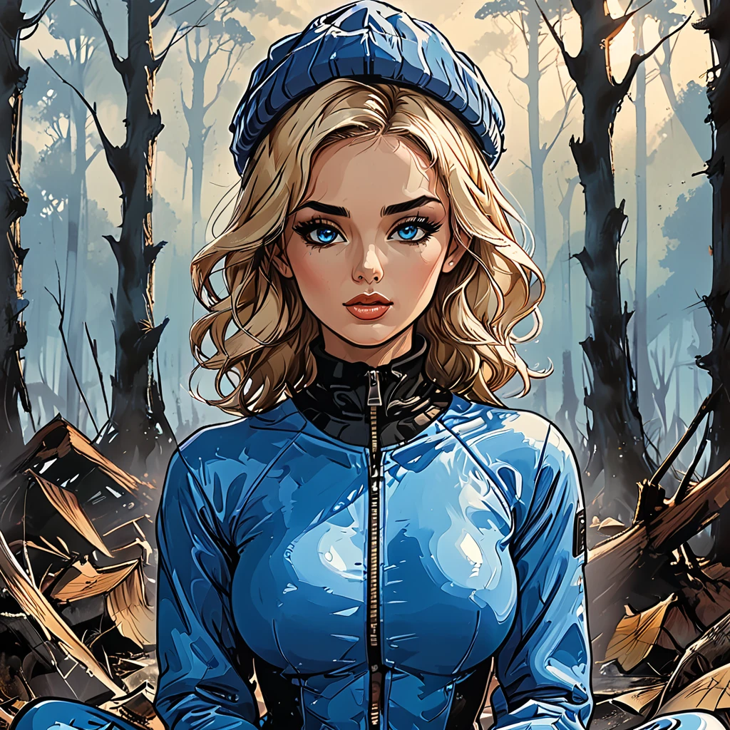 ((((profile angele)))),(((open mouth))), lotus pose, ((profile portrait girl in Blue zipped up down winter jacket and black turtleneck )) and (jeans) and blue gloves and (((blue winter hat)))) in a lotus pose in dead forest, forest after a fire, black dead trees, no leaves, adult, [Nordic], Hourglass elongated fitness body, perfect Olive skin, Oval Face, Long neck, Rounded shoulders, perfect hand, Attached Pointed ears, round forehead, (Short blonde Waves pixie hair), snub nose, Arched eyebrows, ((Monolid blue Eyes)), High Round Narrow cheekbones, Dimpled Cheeks, Rounded Chin, Rounded Jawline, Full nude Lips, (blue eyes), Nude Makeup Look, long eyelashes, third breast size, long slim fitness legs, graphic style of novel comics, perfect hands, 2d, 8k, hyperrealism, masterpiece, high resolution, best quality, ultra-detailed, super realistic, Hyperrealistic art, high-quality, ultra high res, highest detailed, lot of details, Extremely high-resolution details, incredibly lifelike, colourful, soft cinematic light,