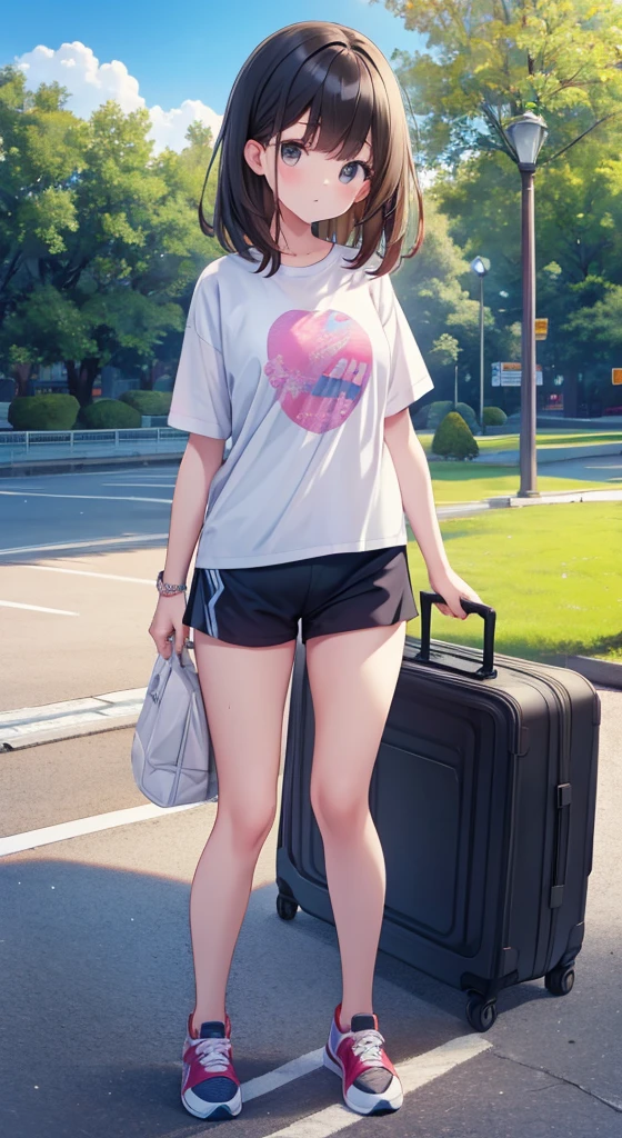 Park in the background、A girl in just a T-shirt and sneakers、Completely naked