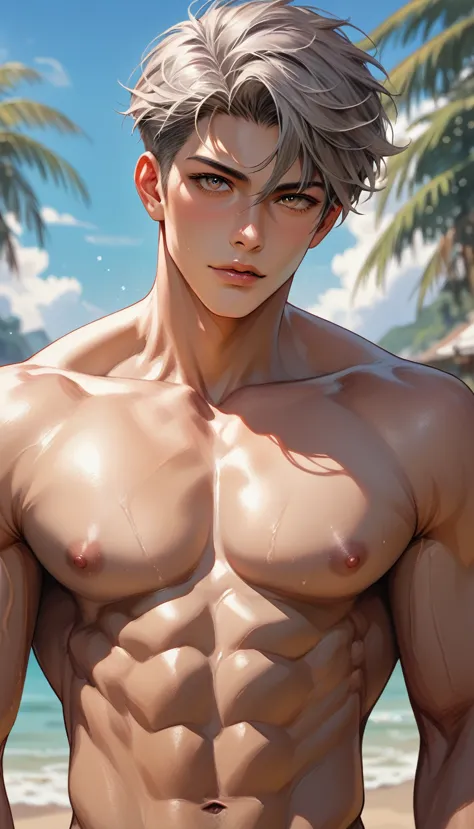 high quality, (american 50 y/o man ), (detailed eyes), (grey short hair), (abs), naked, (dark shiny skin), (detailed puffy nippl...