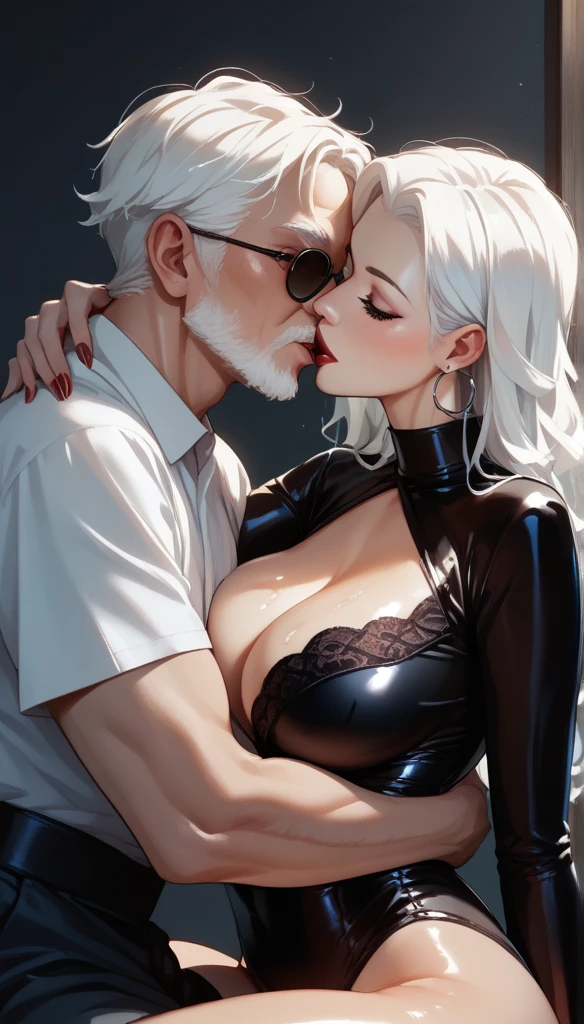 score_9, score_8_up, score_7_up, score_6_up, score_5_up, score_4_up, Gothic mei mei sitting on old mans lap kissing each other  , blue eyes, white hair , big large breasts ,red lipstick , detailed eyes ,Crescent Earrings,Wavy Hair, oiled body,