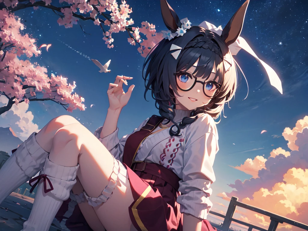 独奏, alone, (woman with horse ears), (horse ears), (girl with horse ears), (Sitting flat,Duck sitting,Girl sitting), nice breasts, (wearing pink glasses), pink lipstick, cheeks, pink sweater, pink knee-high socks, pink skirt, starry sky, levitation, breeze, center of chest, open lips, smiling, cut-in, uhd, retina, masterpiece, accurate, anatomically correct, textured skin, ultra detailed, high detailed, award winning, best quality, high resolution, 8k
