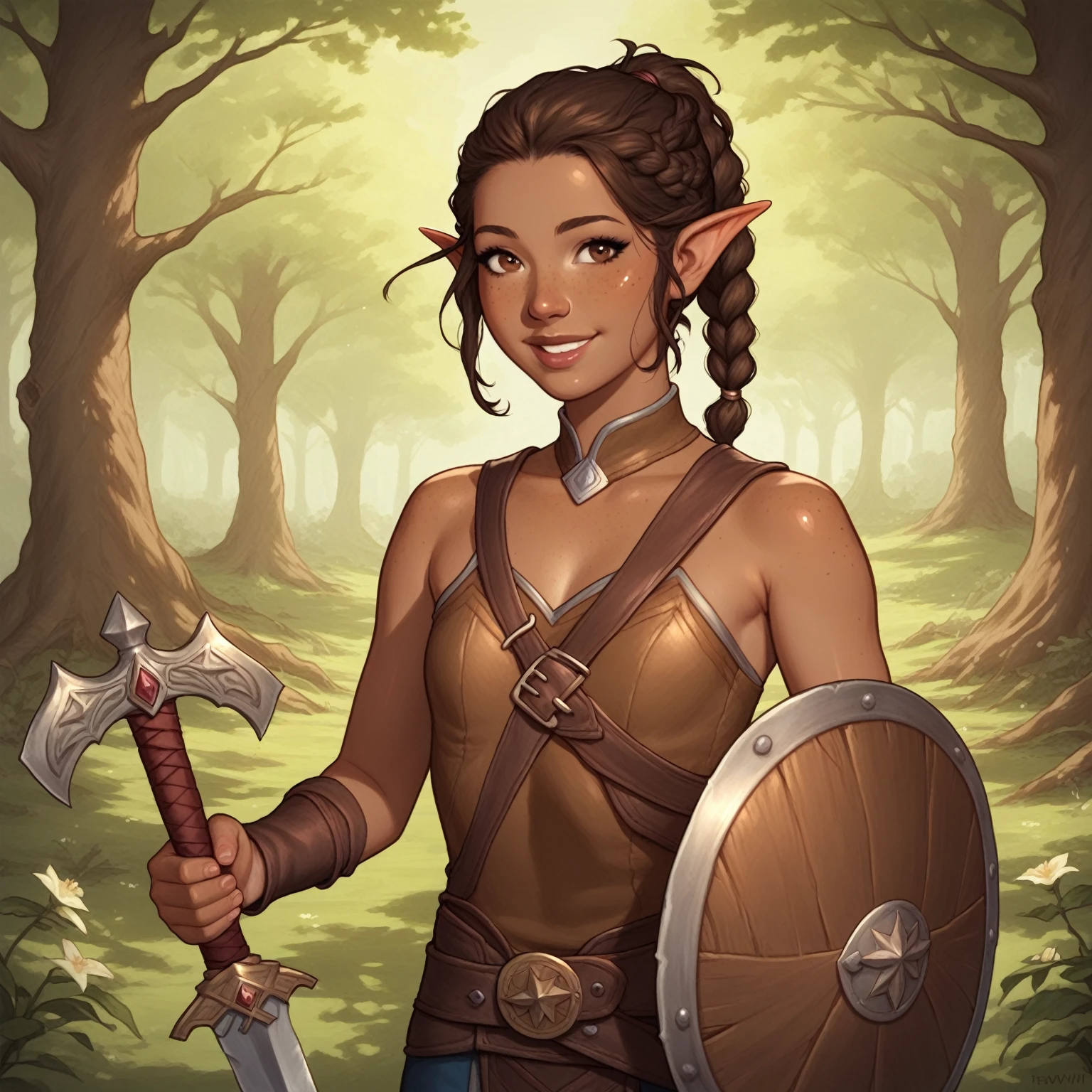 (((beautiful, high quality, perfect eyes, comics style, semi-realistic, detailed face))), score_9, score_8_up, score_7_up, BREAK 1girl, solo, Tevvi, half-elf female, Druid, dungeons & dragons, DnD, dark skin, freckled skin, Chestnut-brown hair, big dark-brown "doe" eyes, hair pulled back, ponytail, braid, stray strands of hair, lovely easy smile, youthful features, young face, flat chested, budding breasts, brown leather armor, well-crafted, etched design on leather, carrying curved sword, well-crafted, 1 small round wooden shield, braided vines on shield, vines with flowers on them, protected by magic, forest background, (cowboy shot view), DeepNegative_xl_v1, detailxl, zPDXL2