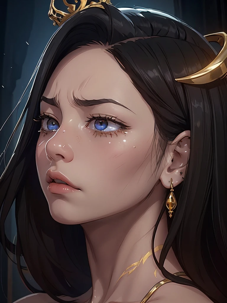 A beautiful girl is captured in an intense close-up, focusing only on his face in the middle of a gloomy and enigmatic environment. She wears a delicate gold crown that sits atop her loose, dark hair., Framing her face with an air of royalty and mysticism. his eyes, large and expressive, Shedding tears of bright gold that contrast dramatically with the darkness that surrounds her. Her pale skin glows slightly, Adorned with intricate gold tattoos that run across her cheeks and neck, adding a touch of ancient magic and mystery. Small golden piercings decorate her eyebrows, Nose and lips, reflecting the light of the golden tears as they run down her cheeks. The scene conveys a mix of sadness and power., as if the girl was caught in a moment of deep emotion, but with an aura of mystery that suggests a larger, darker story behind its beauty. the atmosphere, enveloping and full of melancholy, recalls the dark and detailed fantasy aesthetic, where every golden tear, Tattoos and piercings symbolize an ancient power or a hidden curse.