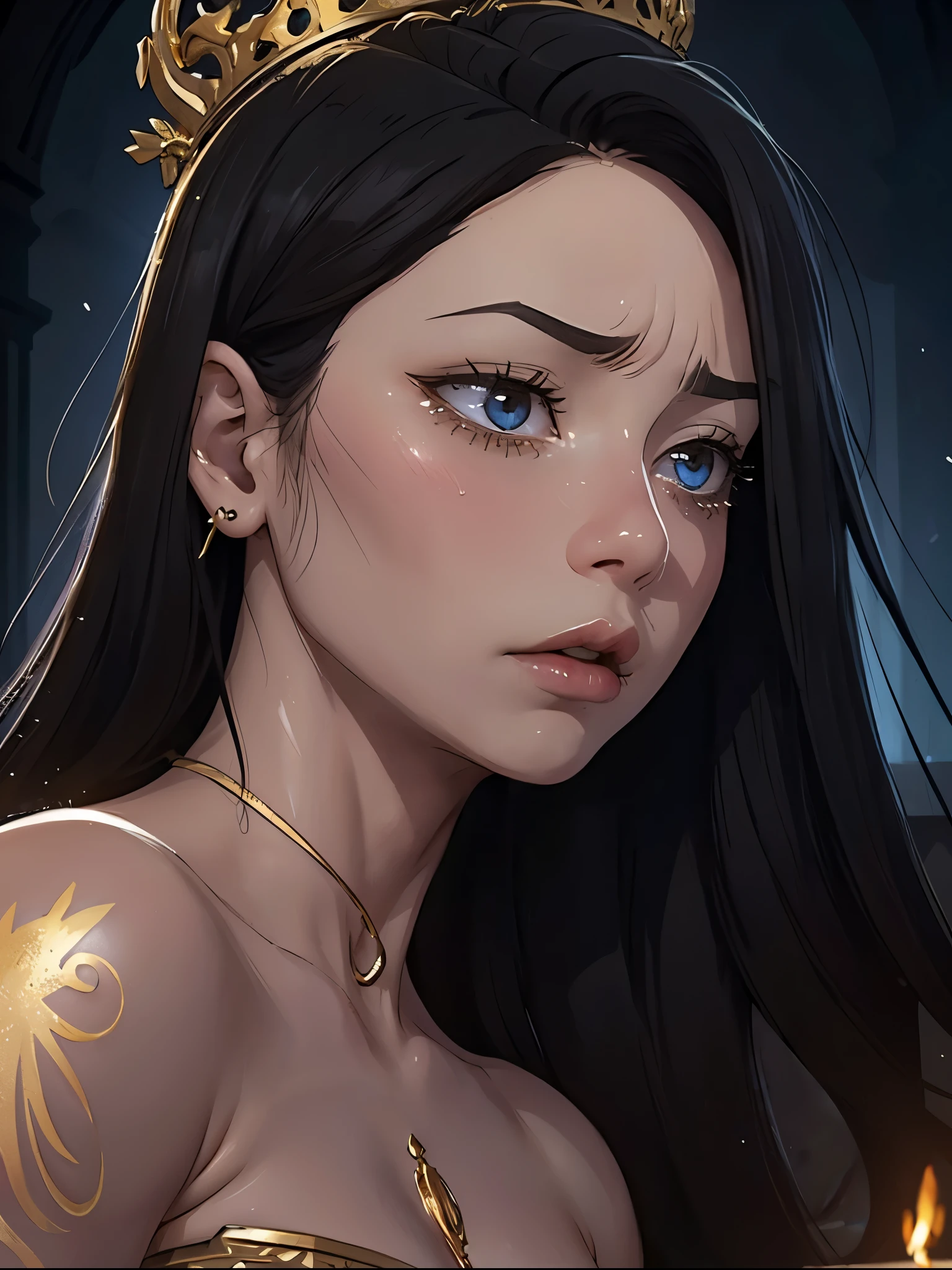 A beautiful girl is captured in an intense close-up, focusing only on his face in the middle of a gloomy and enigmatic environment. She wears a delicate gold crown that sits atop her loose, dark hair., Framing her face with an air of royalty and mysticism. his eyes, large and expressive, Shedding tears of bright gold that contrast dramatically with the darkness that surrounds her. Her pale skin glows slightly, Adorned with intricate gold tattoos that run across her cheeks and neck, adding a touch of ancient magic and mystery. Small golden piercings decorate her eyebrows, Nose and lips, reflecting the light of the golden tears as they run down her cheeks. The scene conveys a mix of sadness and power., as if the girl was caught in a moment of deep emotion, but with an aura of mystery that suggests a larger, darker story behind its beauty. the atmosphere, enveloping and full of melancholy, recalls the dark and detailed fantasy aesthetic, where every golden tear, Tattoos and piercings symbolize an ancient power or a hidden curse.