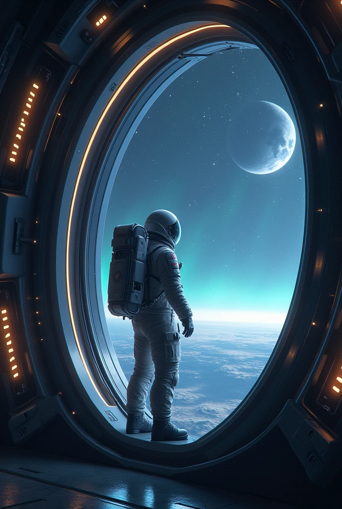 astronaut, observing the galaxy, in a technological ship, orbiting in space, thousands of stars