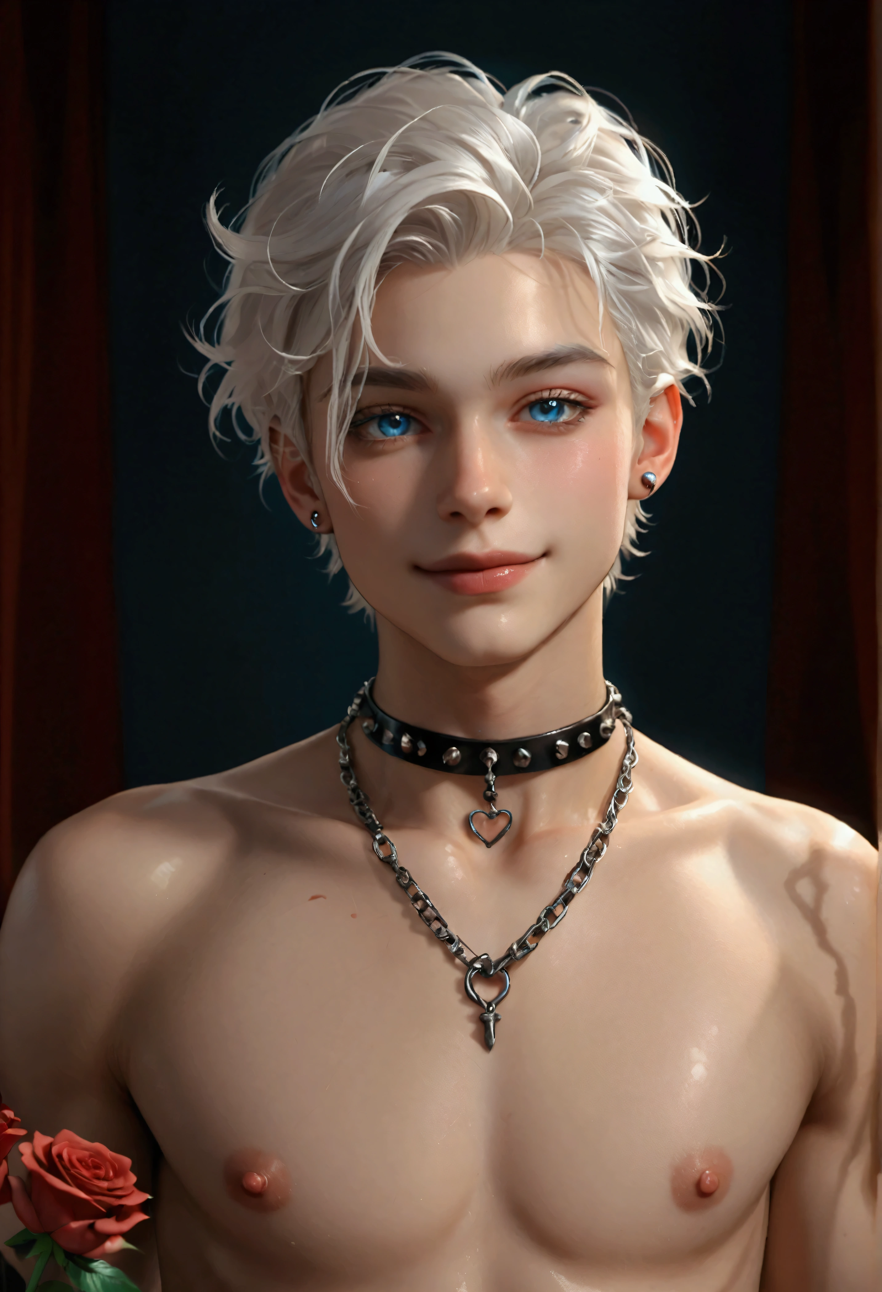 beautiful and skelt young man blue eye blond white hair half body shot, red roses in the background, twink, piercing, neck chain, sharp blue eye, naked body, niple piercing, erected niples, happy face, six pack pubic hair, pubic hair,